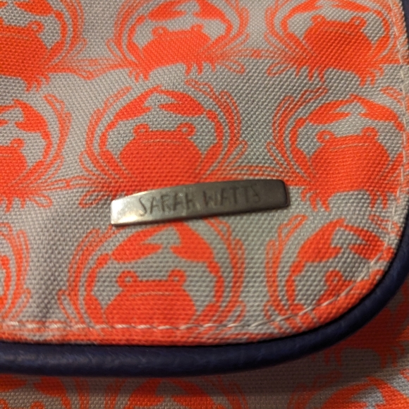 Sarah Watts crabby orange pattern messenger bag with blue leather strap - Picture 3 of 15